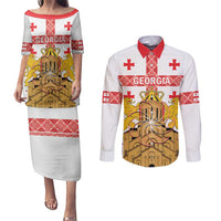 Personalised Georgia Independence Day Couples Matching Puletasi and Long Sleeve Button Shirt Sameba Cathedral Borjgali Folk Pattern