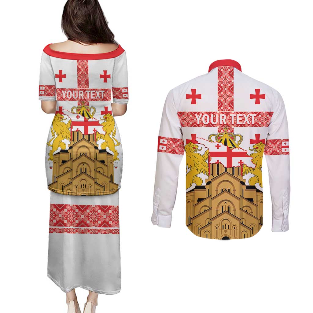 Personalised Georgia Independence Day Couples Matching Puletasi and Long Sleeve Button Shirt Sameba Cathedral Borjgali Folk Pattern