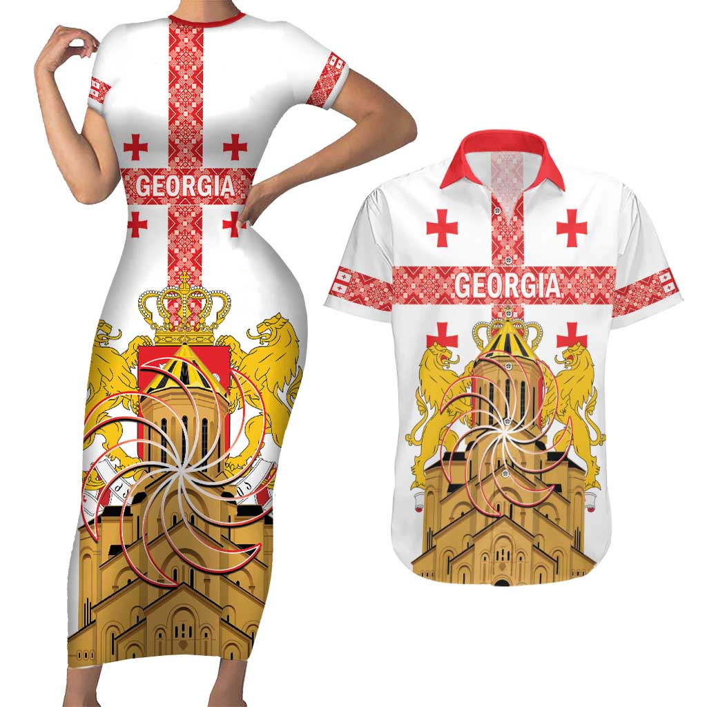 Personalised Georgia Independence Day Couples Matching Short Sleeve Bodycon Dress and Hawaiian Shirt Sameba Cathedral Borjgali Folk Pattern