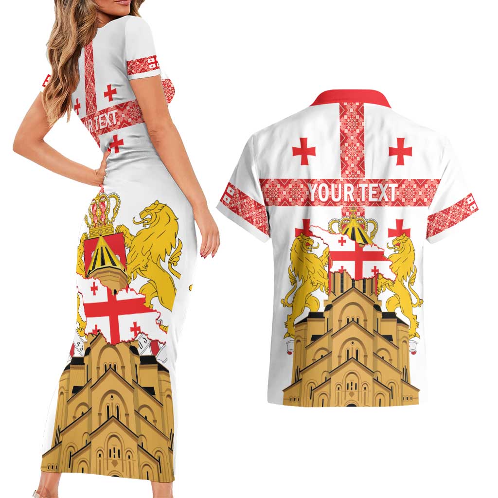 Personalised Georgia Independence Day Couples Matching Short Sleeve Bodycon Dress and Hawaiian Shirt Sameba Cathedral Borjgali Folk Pattern