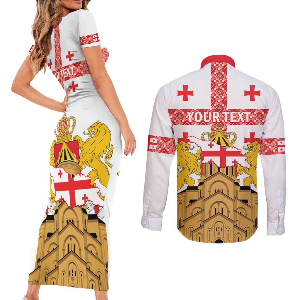 Personalised Georgia Independence Day Couples Matching Short Sleeve Bodycon Dress and Long Sleeve Button Shirt Sameba Cathedral Borjgali Folk Pattern