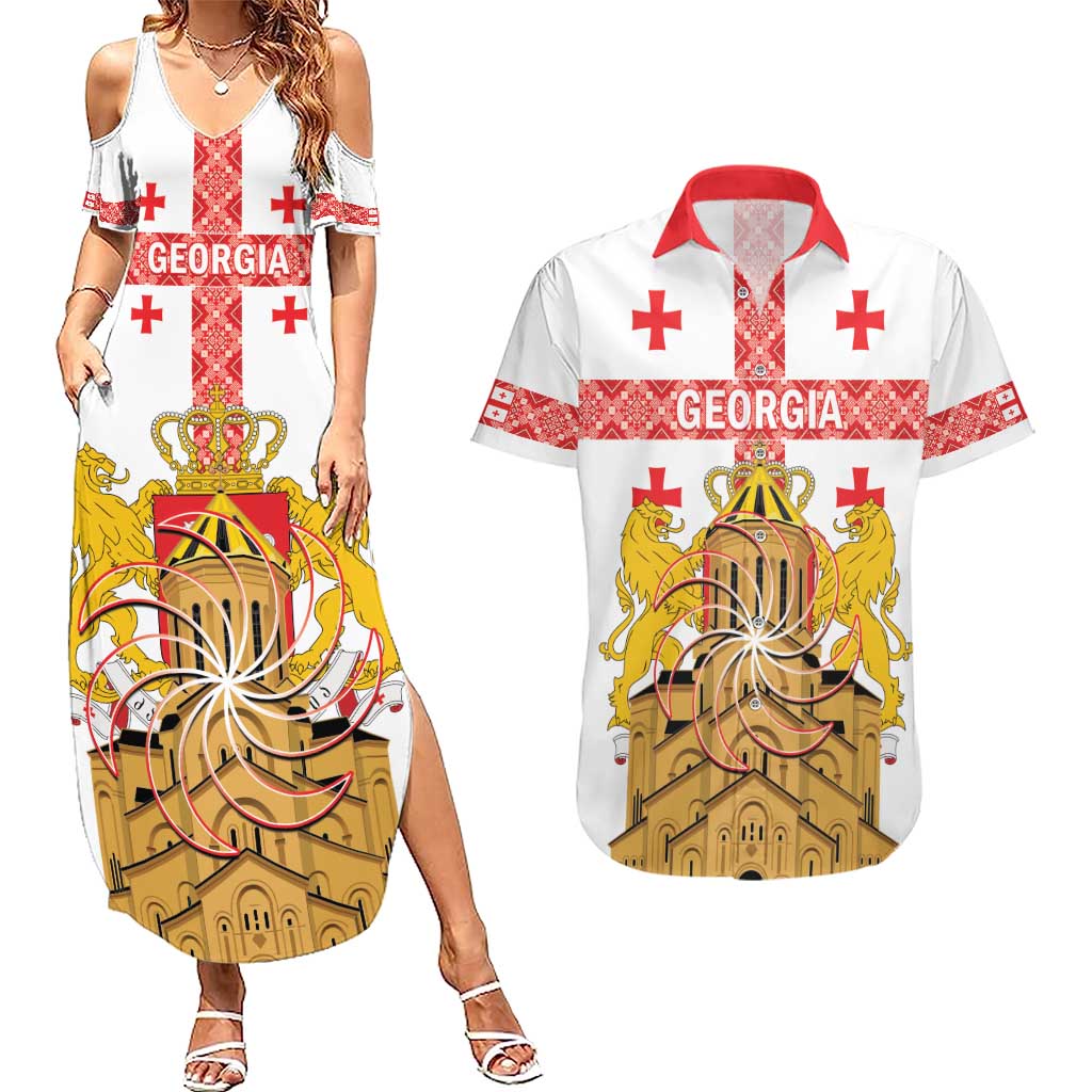 Personalised Georgia Independence Day Couples Matching Summer Maxi Dress and Hawaiian Shirt Sameba Cathedral Borjgali Folk Pattern