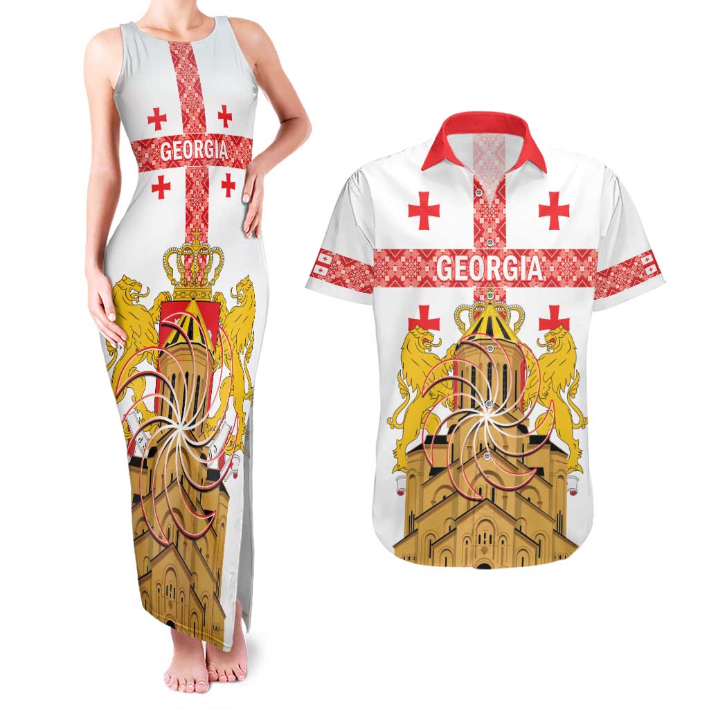 Personalised Georgia Independence Day Couples Matching Tank Maxi Dress and Hawaiian Shirt Sameba Cathedral Borjgali Folk Pattern