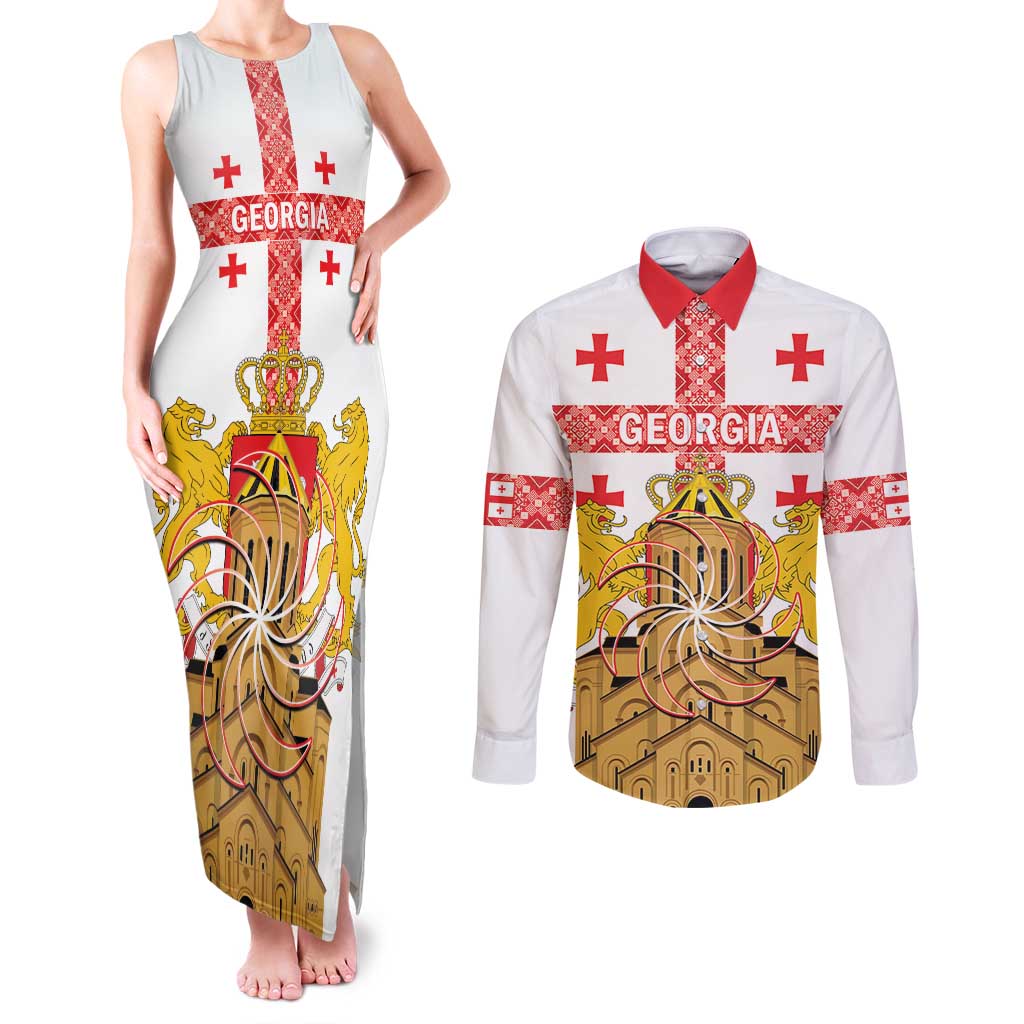 Personalised Georgia Independence Day Couples Matching Tank Maxi Dress and Long Sleeve Button Shirt Sameba Cathedral Borjgali Folk Pattern