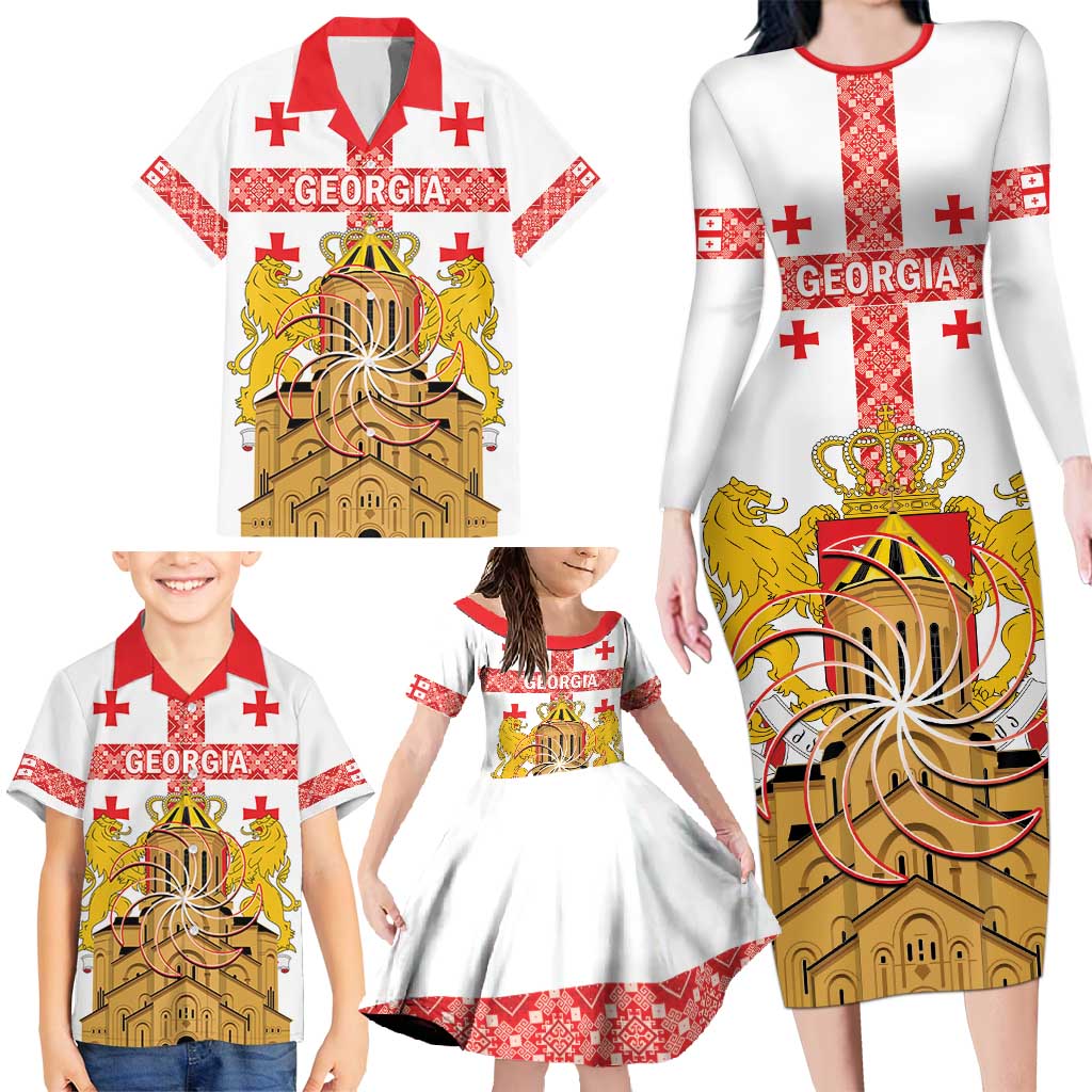 Personalised Georgia Independence Day Family Matching Long Sleeve Bodycon Dress and Hawaiian Shirt Sameba Cathedral Borjgali Folk Pattern