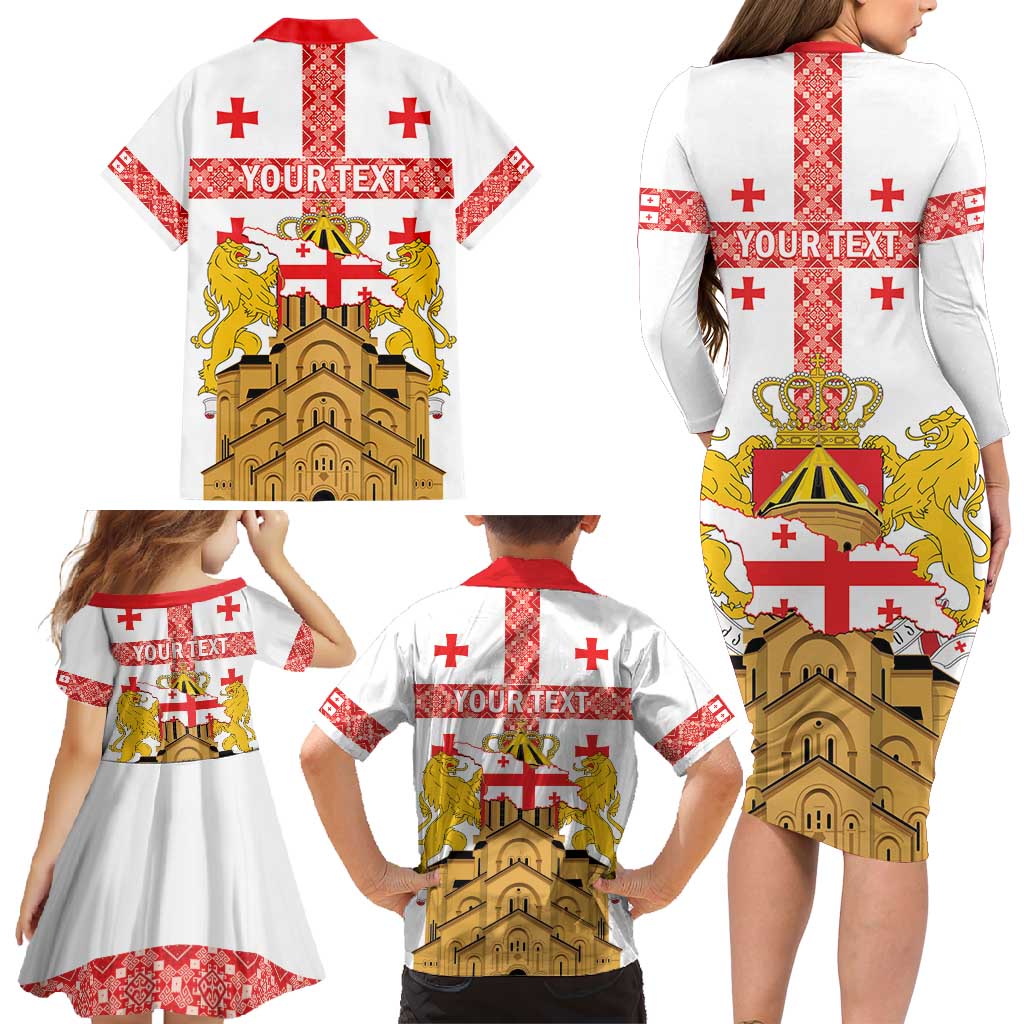 Personalised Georgia Independence Day Family Matching Long Sleeve Bodycon Dress and Hawaiian Shirt Sameba Cathedral Borjgali Folk Pattern