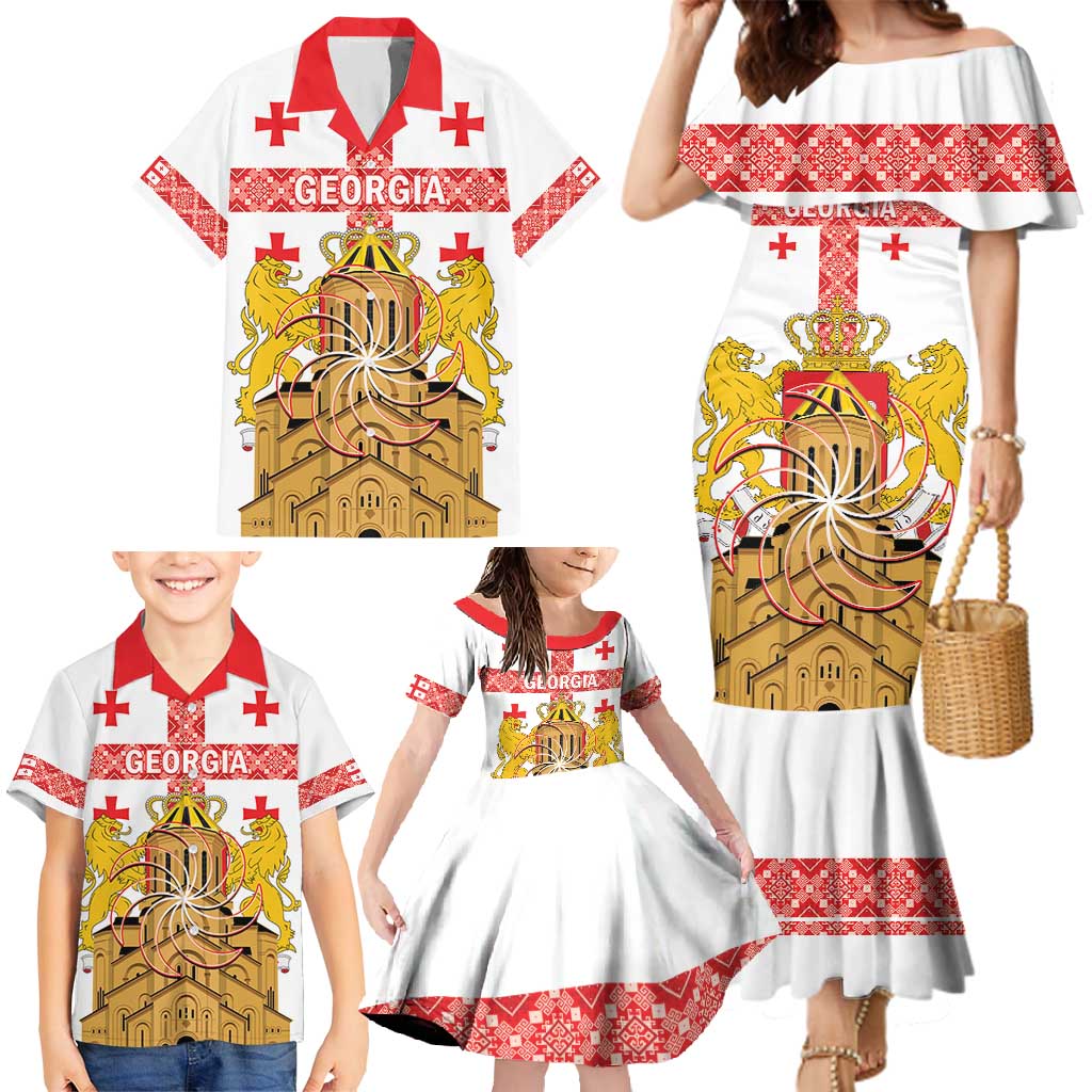Personalised Georgia Independence Day Family Matching Mermaid Dress and Hawaiian Shirt Sameba Cathedral Borjgali Folk Pattern
