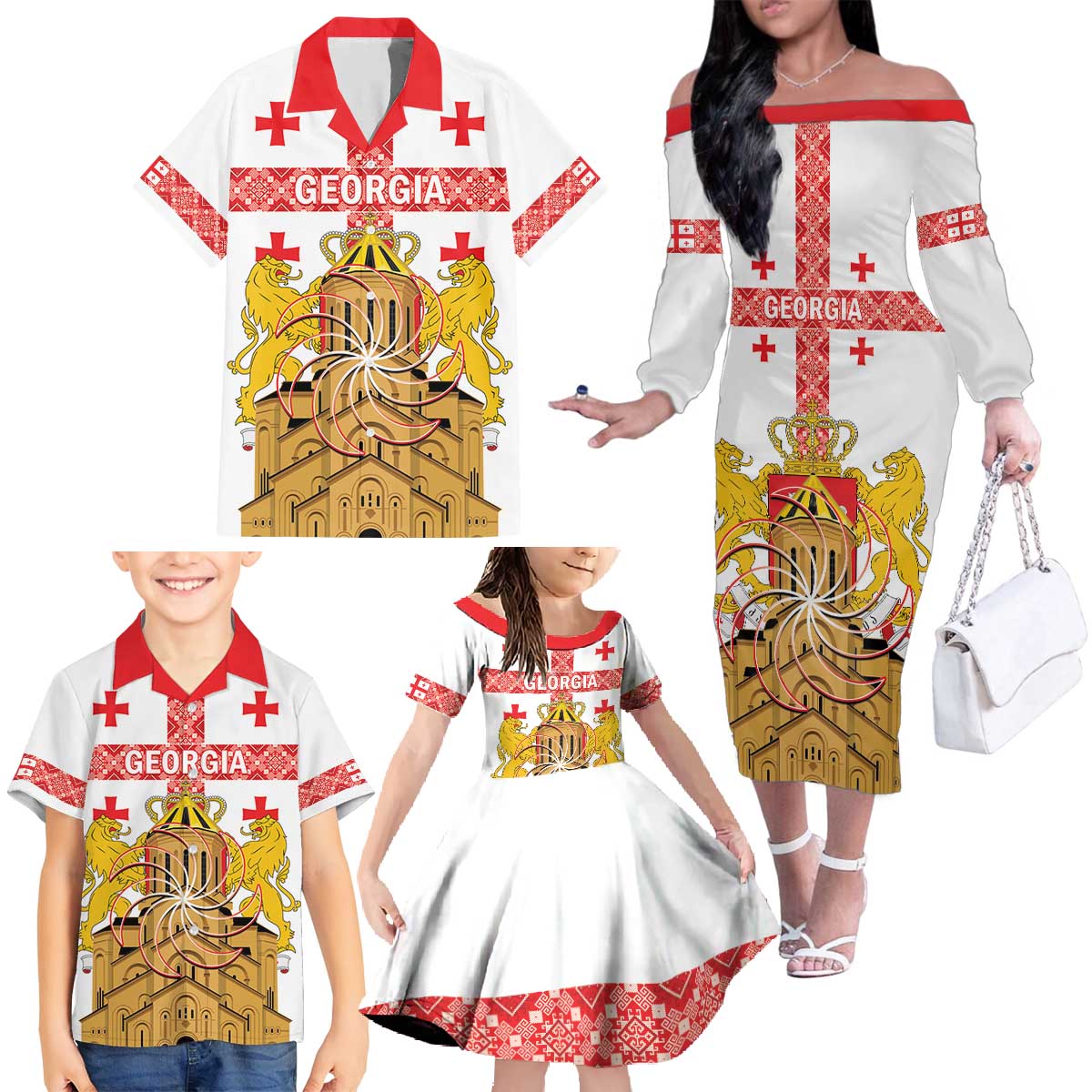 Personalised Georgia Independence Day Family Matching Off The Shoulder Long Sleeve Dress and Hawaiian Shirt Sameba Cathedral Borjgali Folk Pattern
