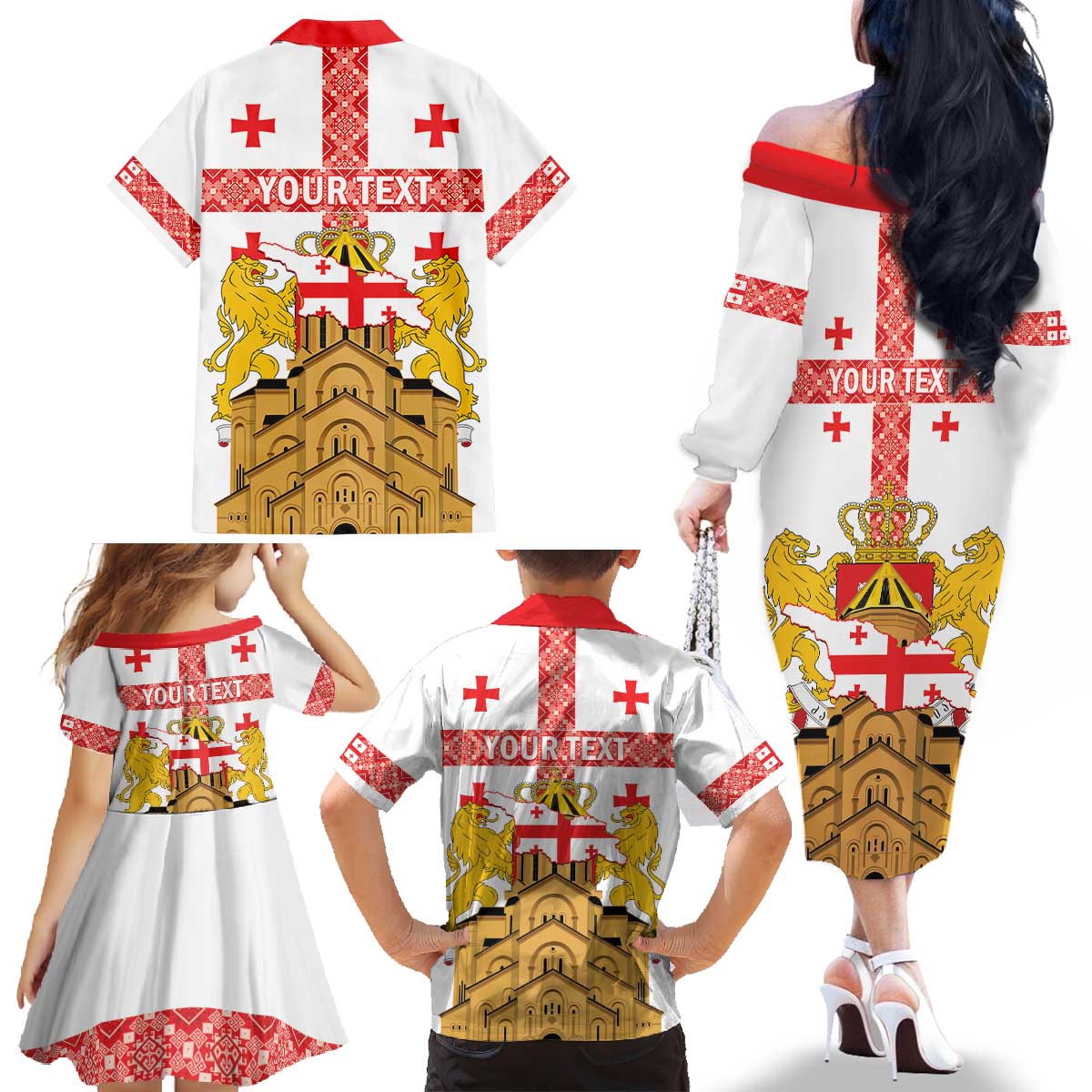 Personalised Georgia Independence Day Family Matching Off The Shoulder Long Sleeve Dress and Hawaiian Shirt Sameba Cathedral Borjgali Folk Pattern
