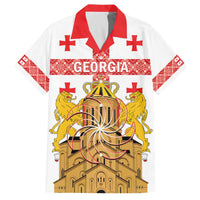 Personalised Georgia Independence Day Family Matching Off The Shoulder Long Sleeve Dress and Hawaiian Shirt Sameba Cathedral Borjgali Folk Pattern