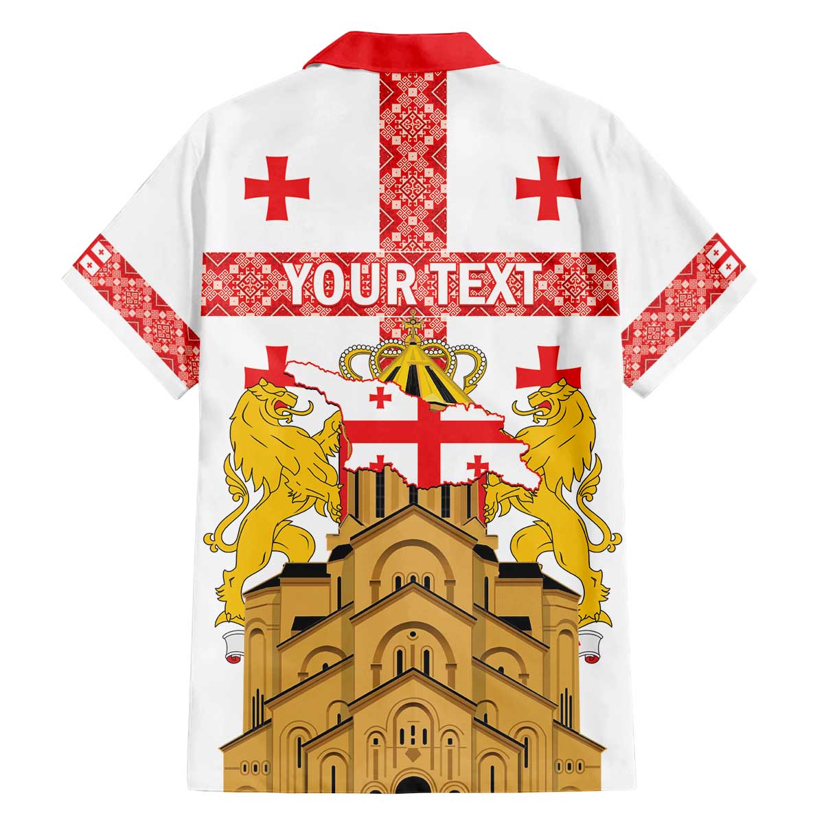 Personalised Georgia Independence Day Family Matching Off The Shoulder Long Sleeve Dress and Hawaiian Shirt Sameba Cathedral Borjgali Folk Pattern