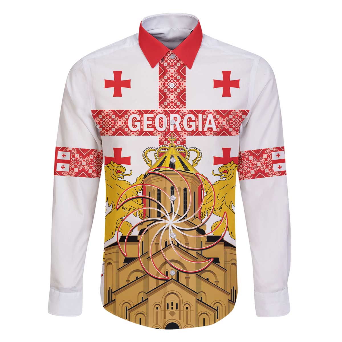 Personalised Georgia Independence Day Family Matching Off The Shoulder Long Sleeve Dress and Hawaiian Shirt Sameba Cathedral Borjgali Folk Pattern
