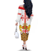 Personalised Georgia Independence Day Family Matching Off The Shoulder Long Sleeve Dress and Hawaiian Shirt Sameba Cathedral Borjgali Folk Pattern