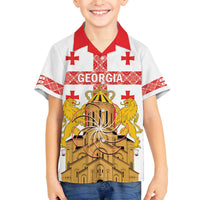 Personalised Georgia Independence Day Family Matching Off The Shoulder Long Sleeve Dress and Hawaiian Shirt Sameba Cathedral Borjgali Folk Pattern