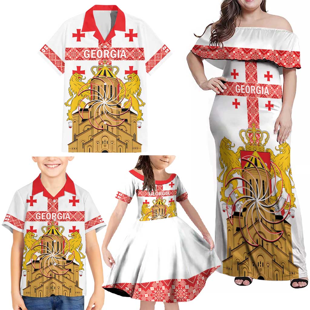 Personalised Georgia Independence Day Family Matching Off Shoulder Maxi Dress and Hawaiian Shirt Sameba Cathedral Borjgali Folk Pattern