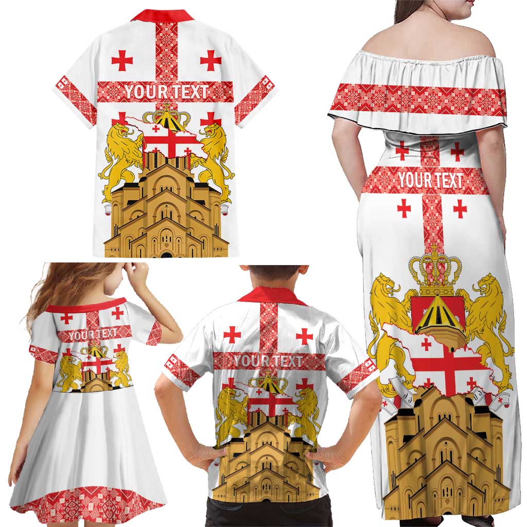Personalised Georgia Independence Day Family Matching Off Shoulder Maxi Dress and Hawaiian Shirt Sameba Cathedral Borjgali Folk Pattern