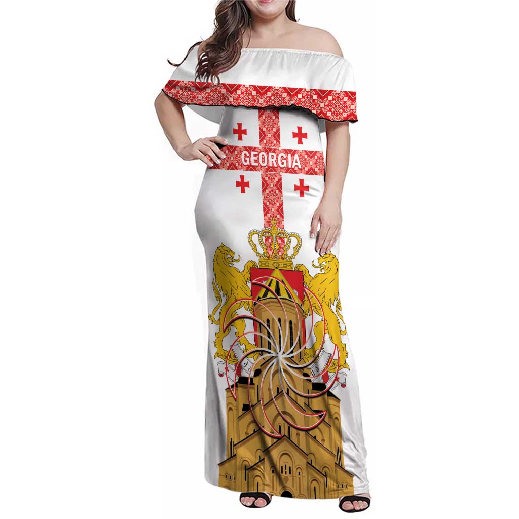 Personalised Georgia Independence Day Family Matching Off Shoulder Maxi Dress and Hawaiian Shirt Sameba Cathedral Borjgali Folk Pattern