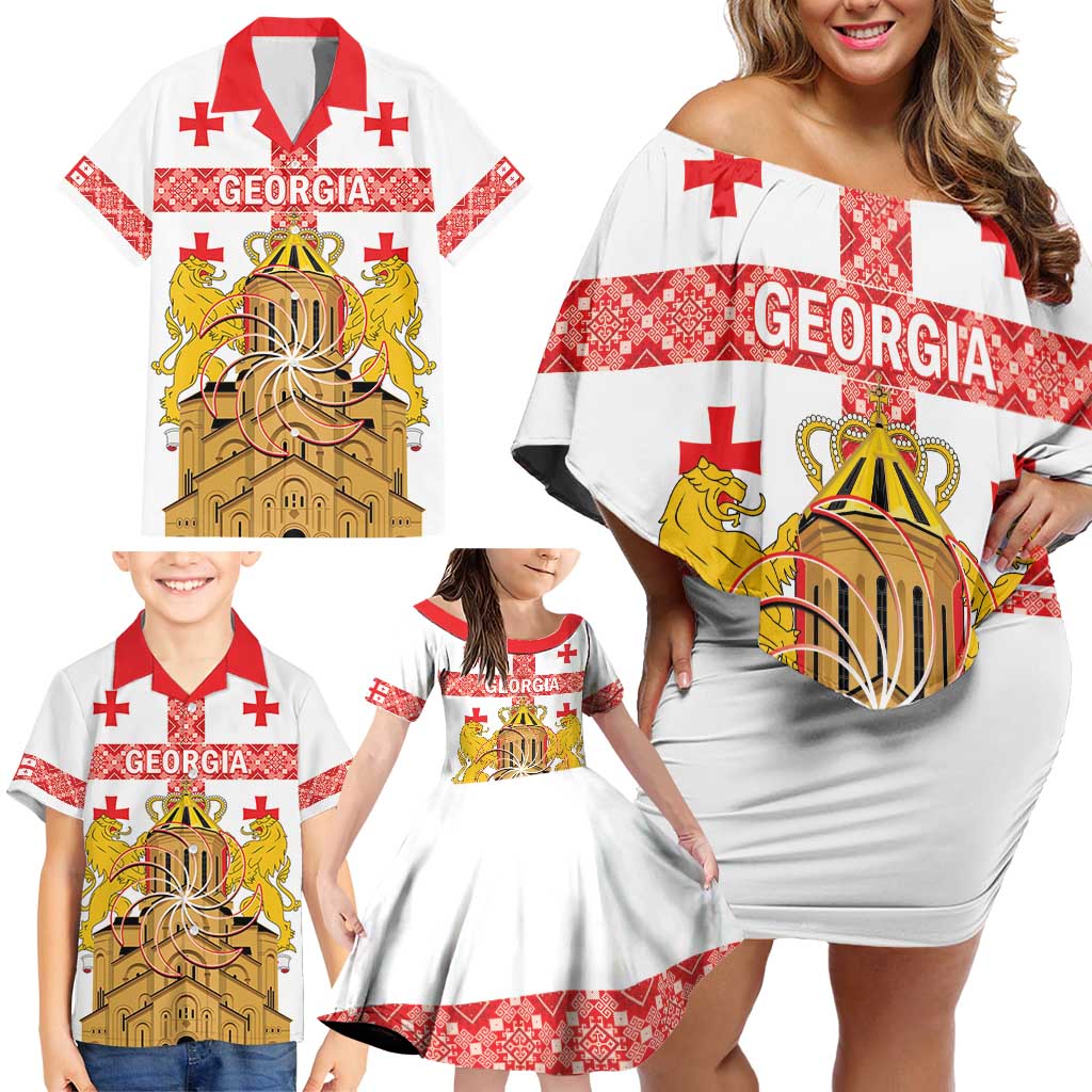 Personalised Georgia Independence Day Family Matching Off Shoulder Short Dress and Hawaiian Shirt Sameba Cathedral Borjgali Folk Pattern