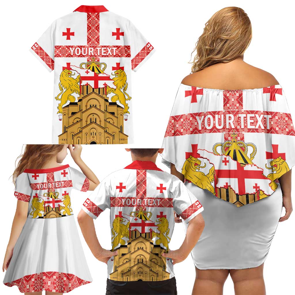 Personalised Georgia Independence Day Family Matching Off Shoulder Short Dress and Hawaiian Shirt Sameba Cathedral Borjgali Folk Pattern