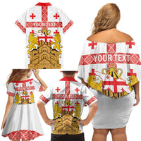 Personalised Georgia Independence Day Family Matching Off Shoulder Short Dress and Hawaiian Shirt Sameba Cathedral Borjgali Folk Pattern