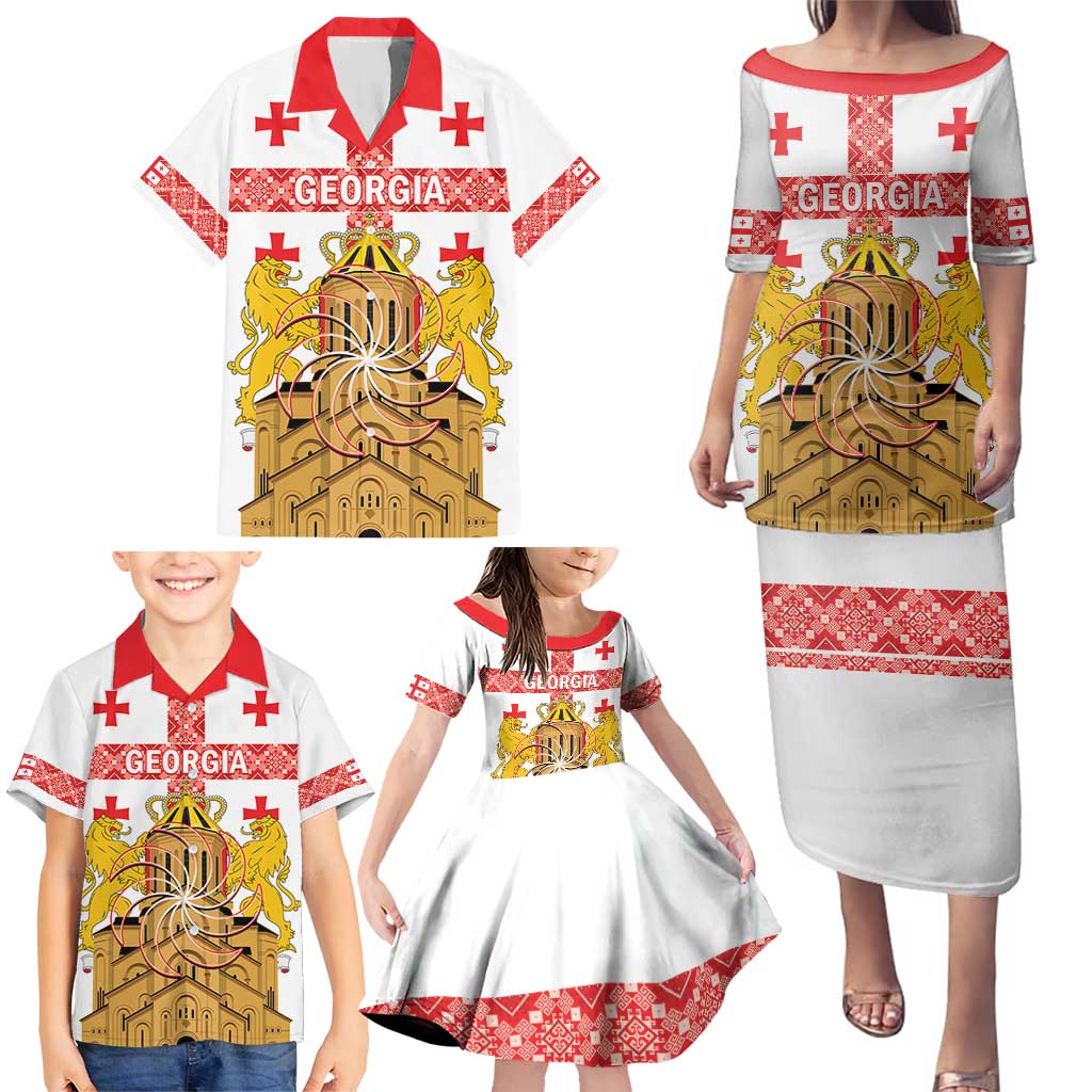 Personalised Georgia Independence Day Family Matching Puletasi and Hawaiian Shirt Sameba Cathedral Borjgali Folk Pattern