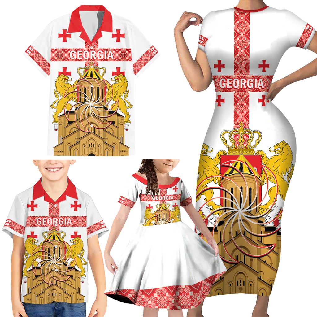 Personalised Georgia Independence Day Family Matching Short Sleeve Bodycon Dress and Hawaiian Shirt Sameba Cathedral Borjgali Folk Pattern