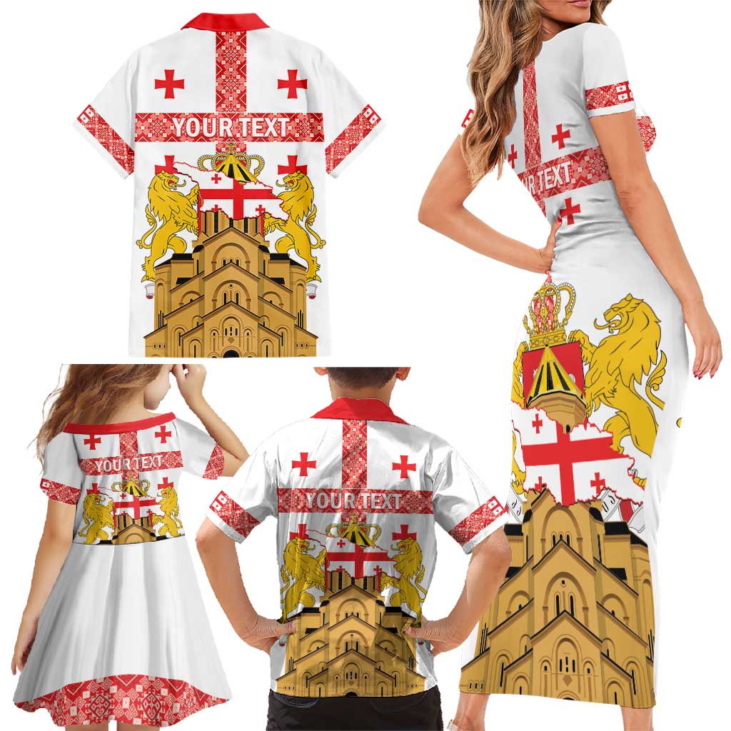 Personalised Georgia Independence Day Family Matching Short Sleeve Bodycon Dress and Hawaiian Shirt Sameba Cathedral Borjgali Folk Pattern