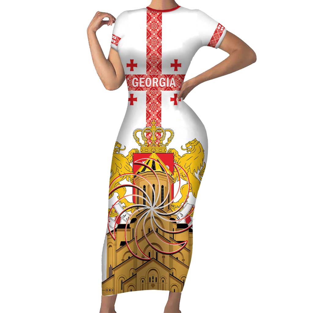 Personalised Georgia Independence Day Family Matching Short Sleeve Bodycon Dress and Hawaiian Shirt Sameba Cathedral Borjgali Folk Pattern