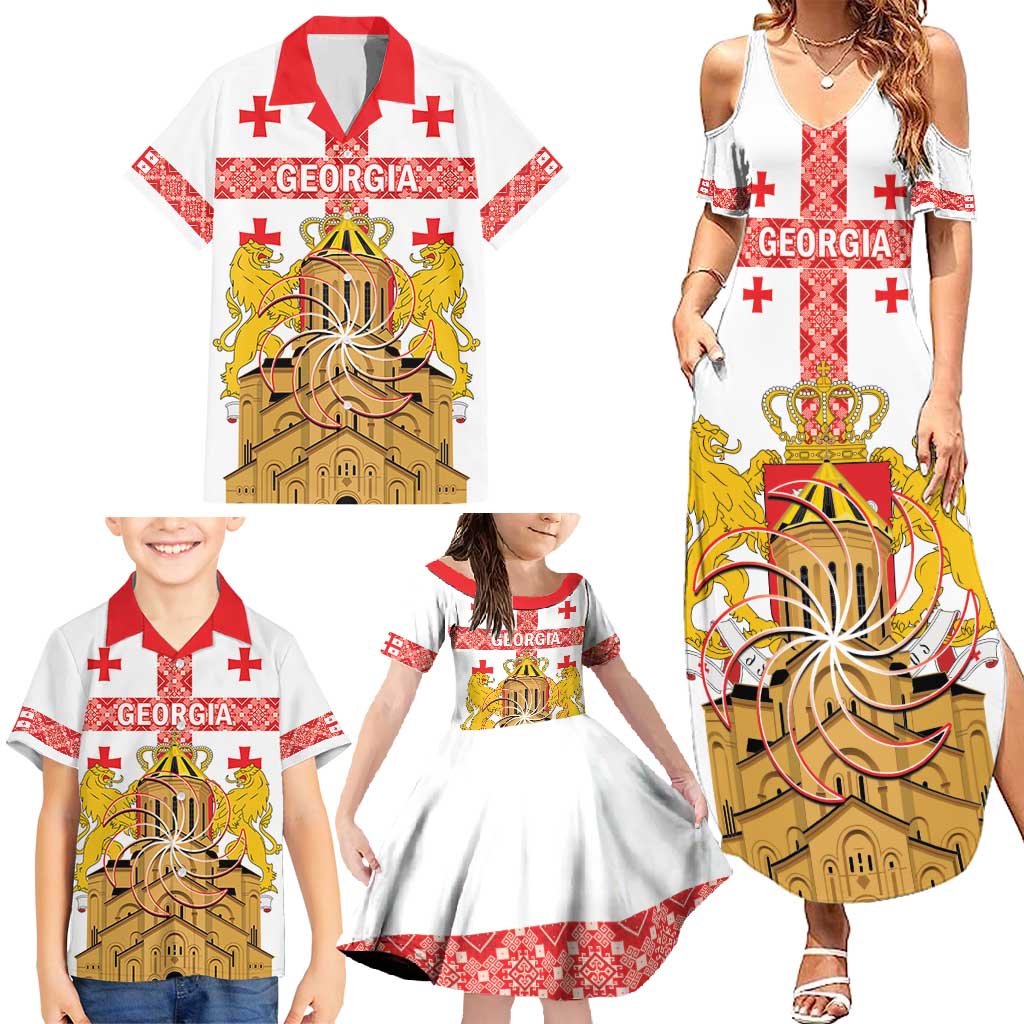 Personalised Georgia Independence Day Family Matching Summer Maxi Dress and Hawaiian Shirt Sameba Cathedral Borjgali Folk Pattern