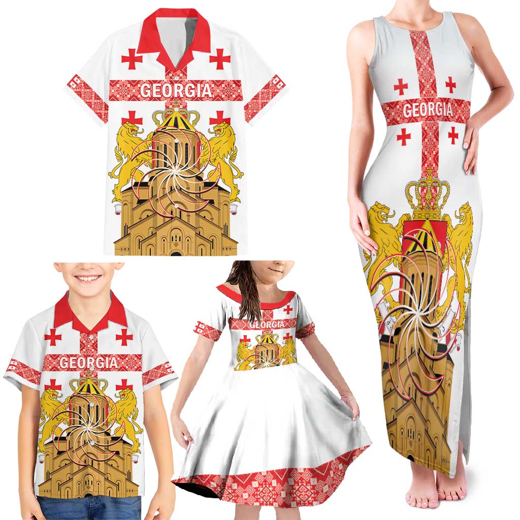 Personalised Georgia Independence Day Family Matching Tank Maxi Dress and Hawaiian Shirt Sameba Cathedral Borjgali Folk Pattern
