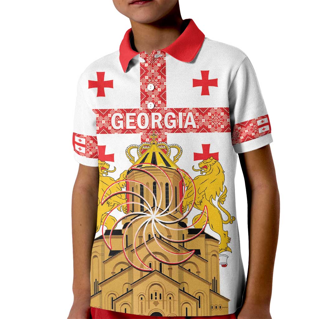 Personalised Georgia Independence Day Kid Polo Shirt Sameba Cathedral Borjgali Folk Pattern
