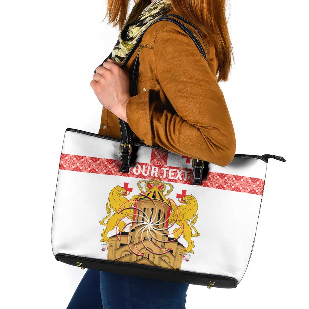 Personalised Georgia Independence Day Leather Tote Bag Sameba Cathedral Borjgali Folk Pattern