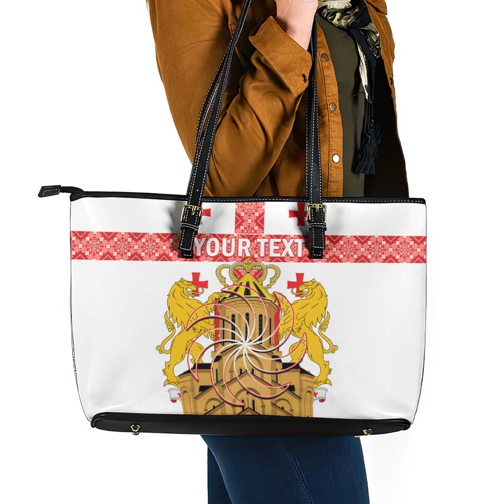 Personalised Georgia Independence Day Leather Tote Bag Sameba Cathedral Borjgali Folk Pattern