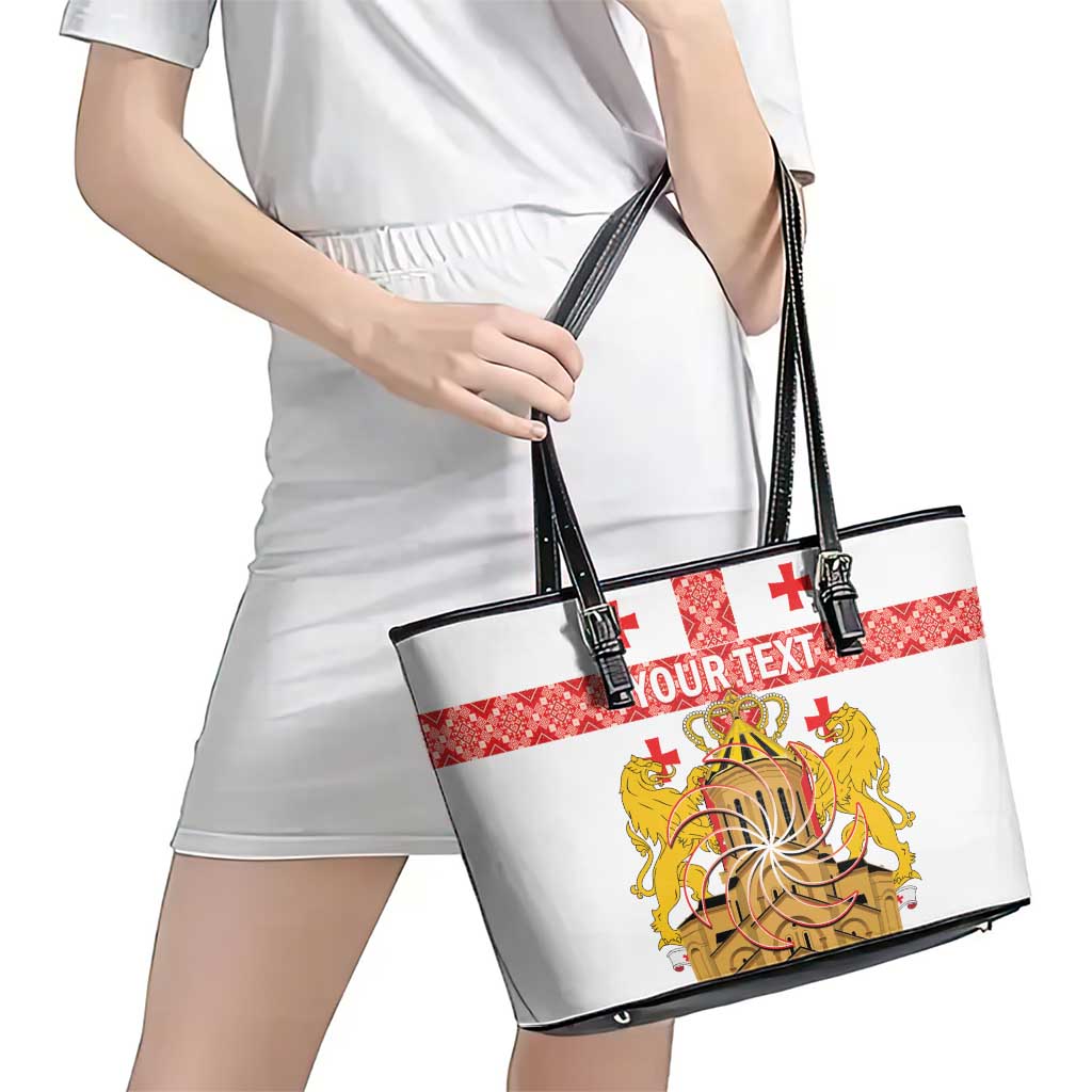 Personalised Georgia Independence Day Leather Tote Bag Sameba Cathedral Borjgali Folk Pattern