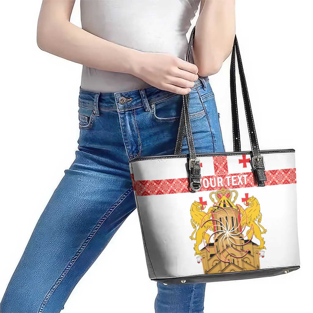 Personalised Georgia Independence Day Leather Tote Bag Sameba Cathedral Borjgali Folk Pattern
