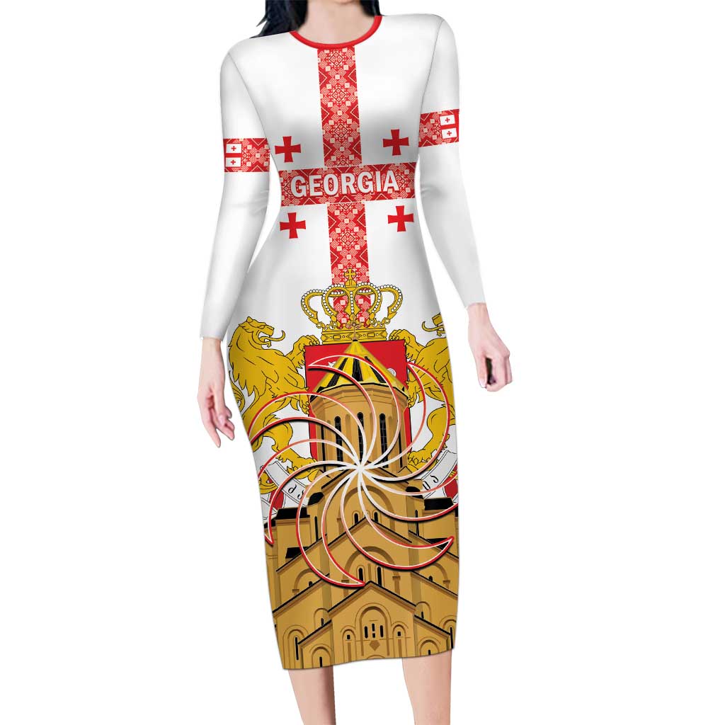 Personalised Georgia Independence Day Long Sleeve Bodycon Dress Sameba Cathedral Borjgali Folk Pattern