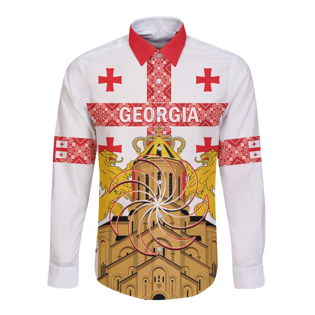 Personalised Georgia Independence Day Long Sleeve Button Shirt Sameba Cathedral Borjgali Folk Pattern