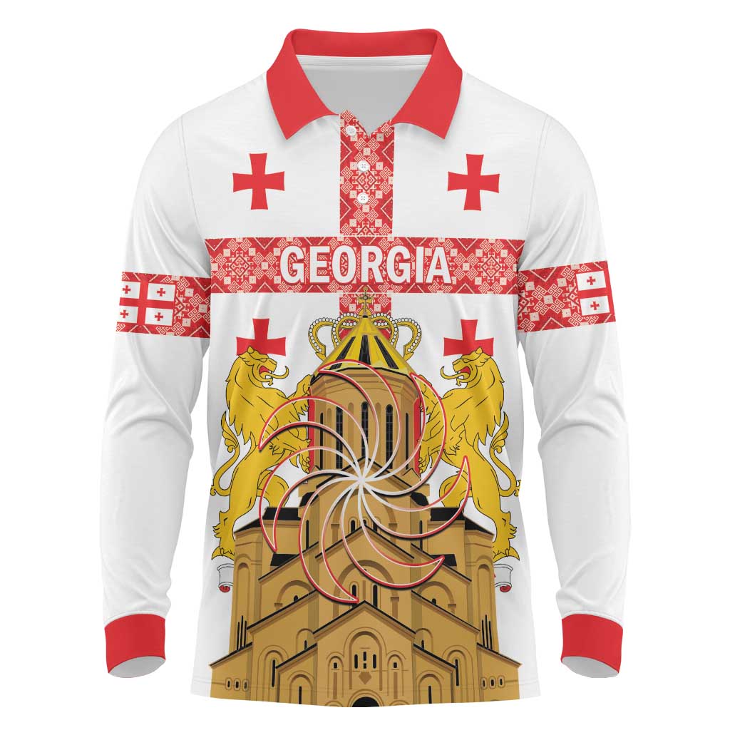 Personalised Georgia Independence Day Long Sleeve Polo Shirt Sameba Cathedral Borjgali Folk Pattern