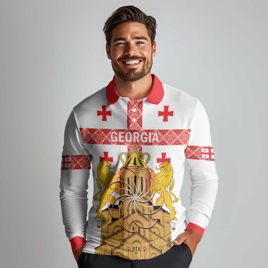 Personalised Georgia Independence Day Long Sleeve Polo Shirt Sameba Cathedral Borjgali Folk Pattern