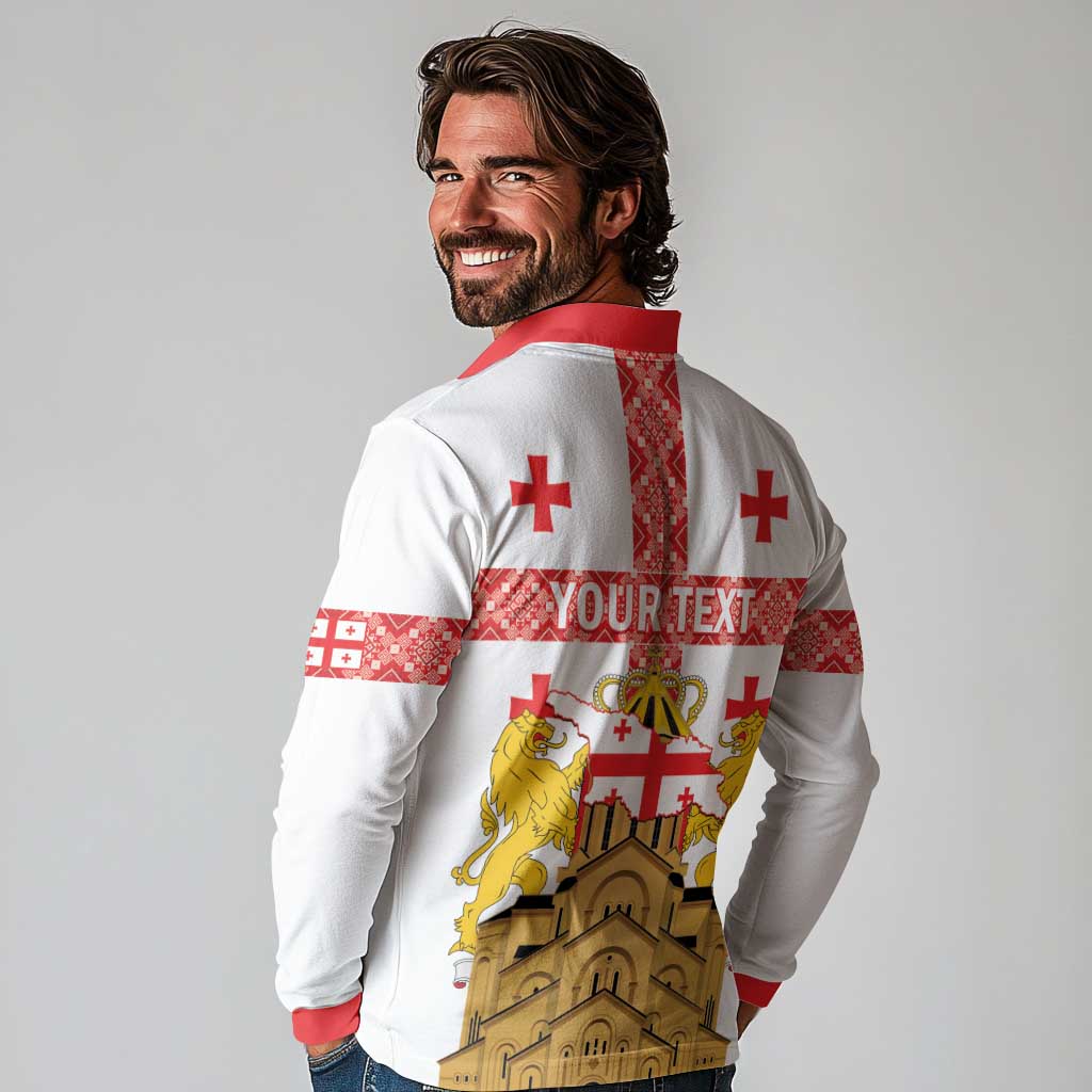 Personalised Georgia Independence Day Long Sleeve Polo Shirt Sameba Cathedral Borjgali Folk Pattern