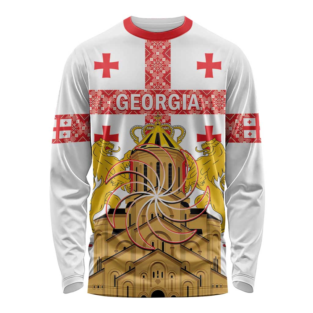 Personalised Georgia Independence Day Long Sleeve Shirt Sameba Cathedral Borjgali Folk Pattern