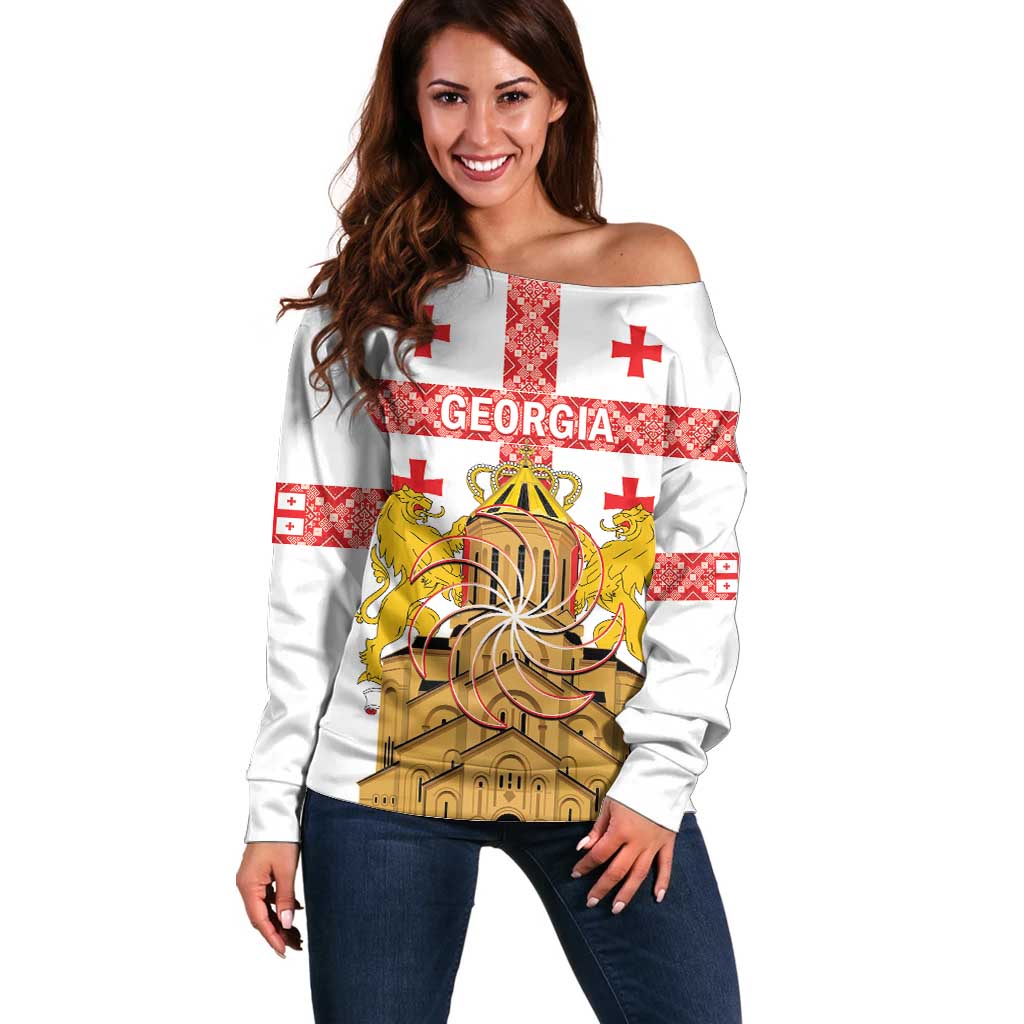 Personalised Georgia Independence Day Off Shoulder Sweater Sameba Cathedral Borjgali Folk Pattern