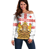 Personalised Georgia Independence Day Off Shoulder Sweater Sameba Cathedral Borjgali Folk Pattern