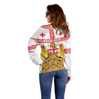 Personalised Georgia Independence Day Off Shoulder Sweater Sameba Cathedral Borjgali Folk Pattern