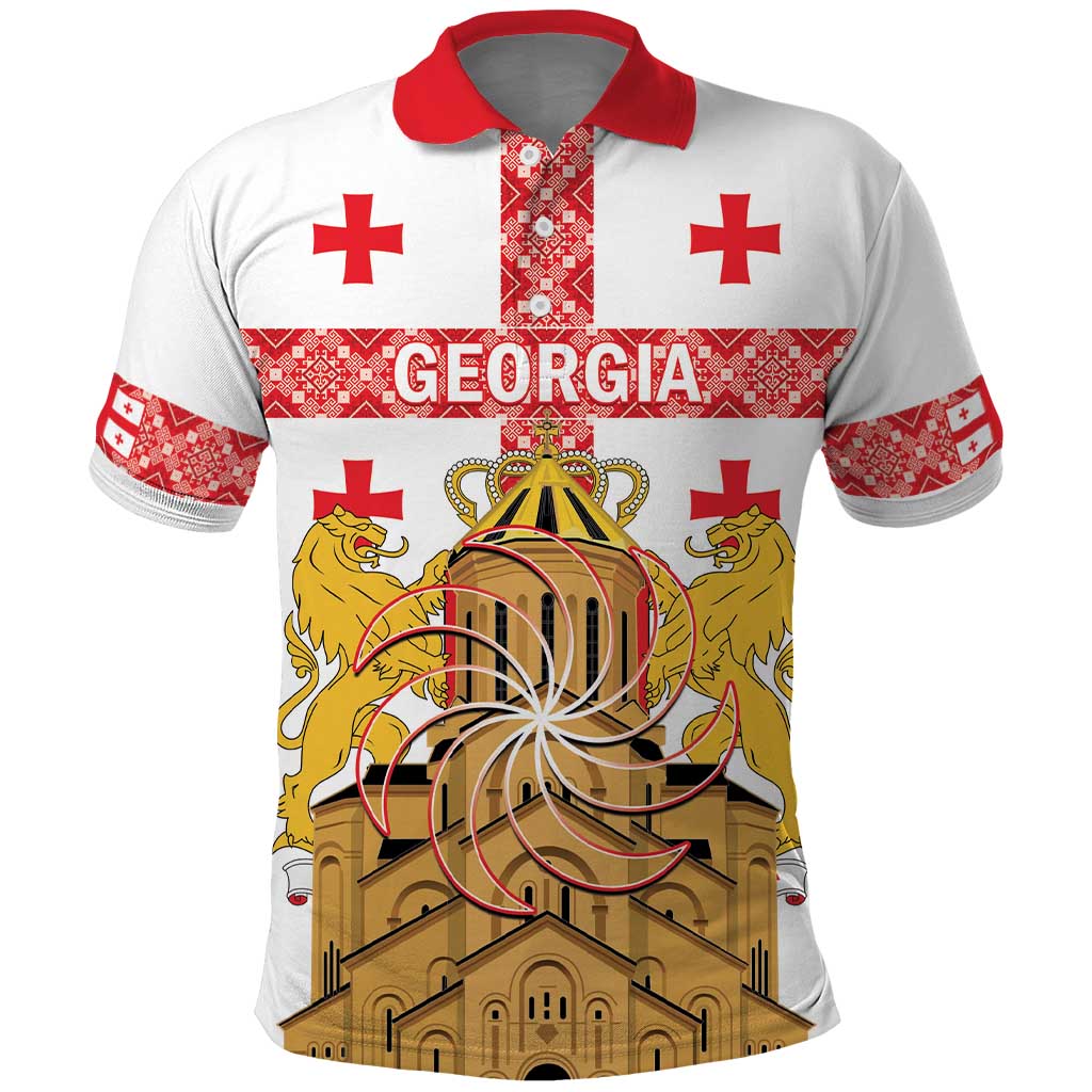 Personalised Georgia Independence Day Polo Shirt Sameba Cathedral Borjgali Folk Pattern