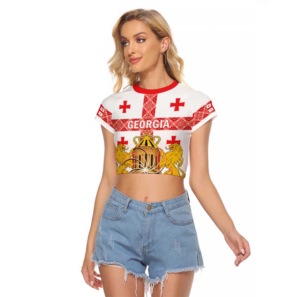 Personalised Georgia Independence Day Raglan Cropped T Shirt Sameba Cathedral Borjgali Folk Pattern