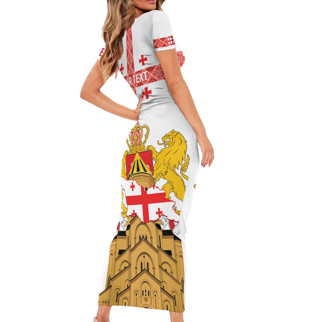 Personalised Georgia Independence Day Short Sleeve Bodycon Dress Sameba Cathedral Borjgali Folk Pattern