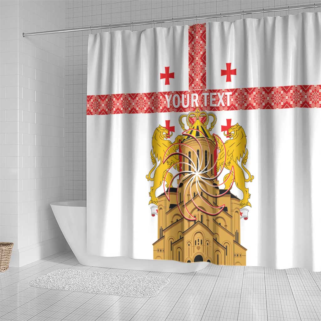 Personalised Georgia Independence Day Shower Curtain Sameba Cathedral Borjgali Folk Pattern