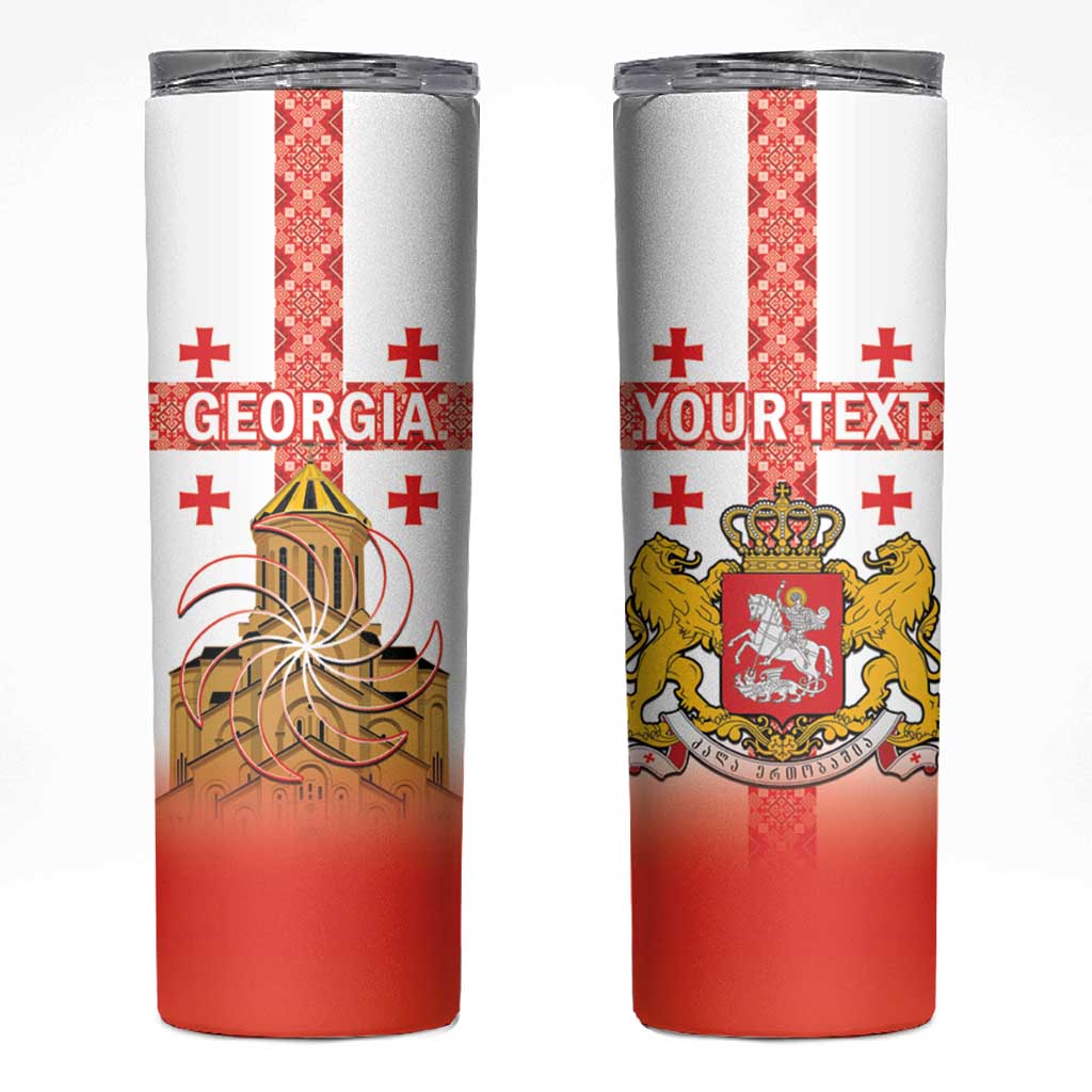 Personalised Georgia Independence Day Skinny Tumbler Sameba Cathedral Borjgali Folk Pattern
