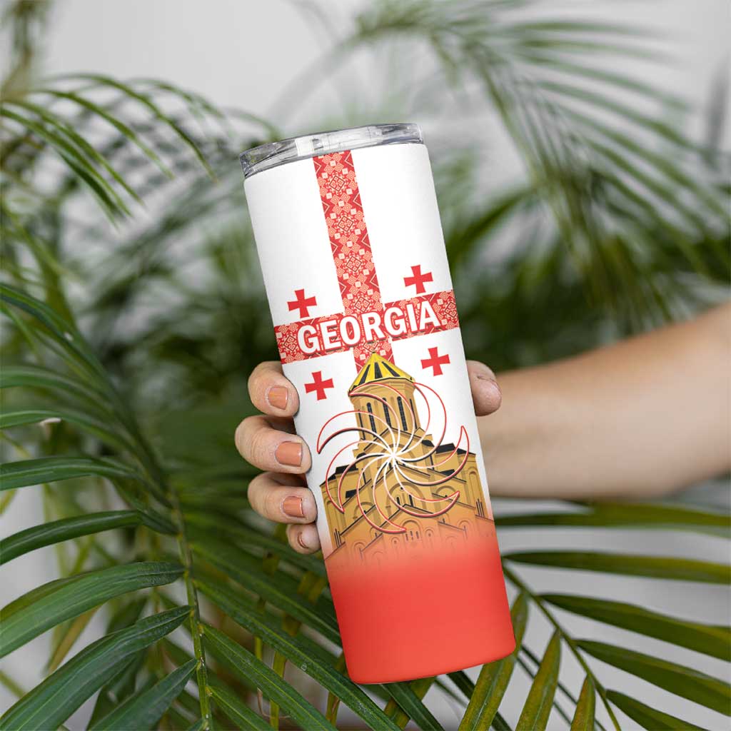 Personalised Georgia Independence Day Skinny Tumbler Sameba Cathedral Borjgali Folk Pattern